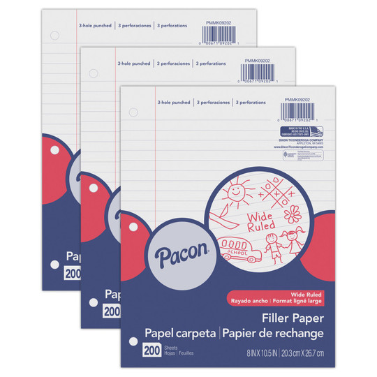 Filler Paper, White, 3-Hole Punched, Red Margin, 3/8'' Ruled, 8'' x 1.5'', 200 Sheets Per Pack, 3 Packs