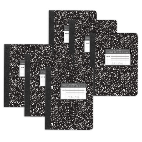 Composition Book, 5x5 Graph, 80 Sheets, .75'' x .5'', Black Marble, Pack of 6