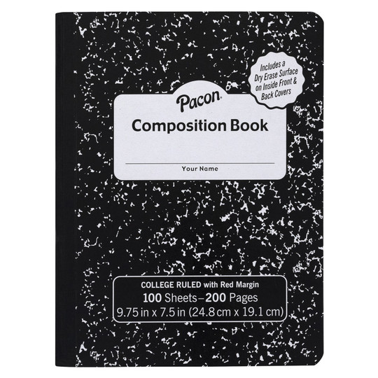 Composition Book, Black Marble, 9/32 in ruling with red margin 9-3/4'' x 7-1/2'', 100 Sheets