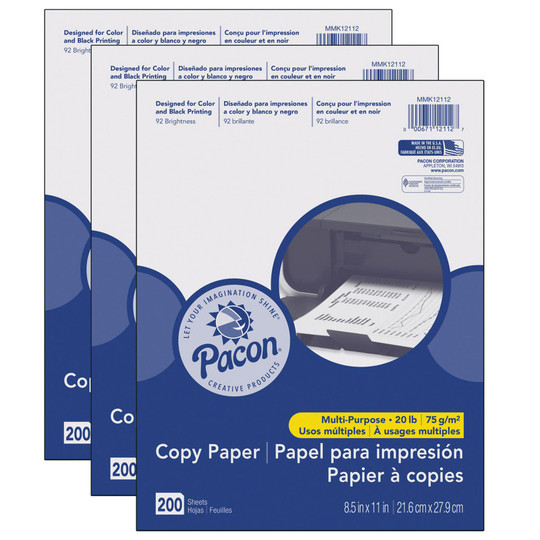 Multi-Purpose Paper, White, 20 l., 8-1/2'' x 11'', 200 Sheets Per Pack, 3 Packs