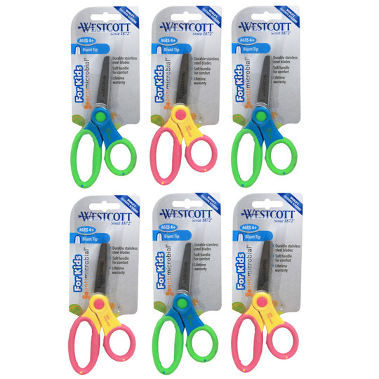 5'' Anti-Microbial Kids Scissors, Blunt, Assorted Colors, Pack of 6