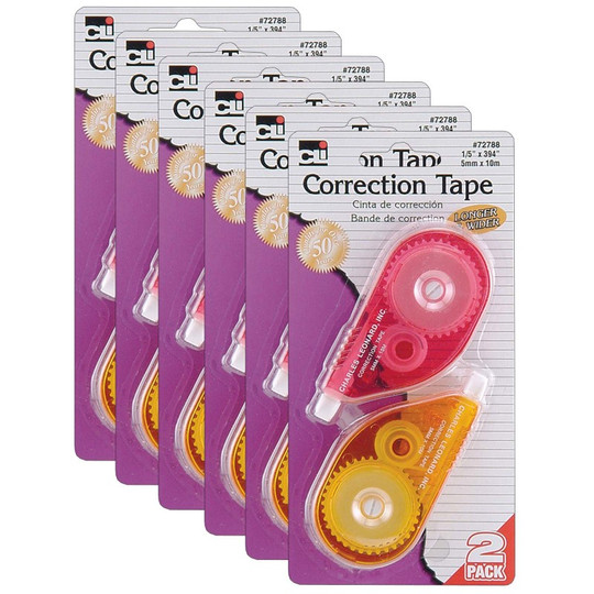 Correction Tape, Assorted Color Cases, 1/5'' x 394'', 2 Per Pack, 6 Packs