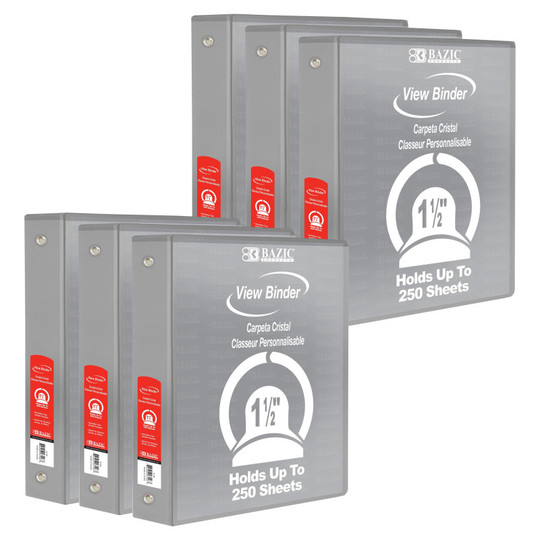 3-Ring View Binder with 2 Pockets, .5'', Gray, Pack of 6