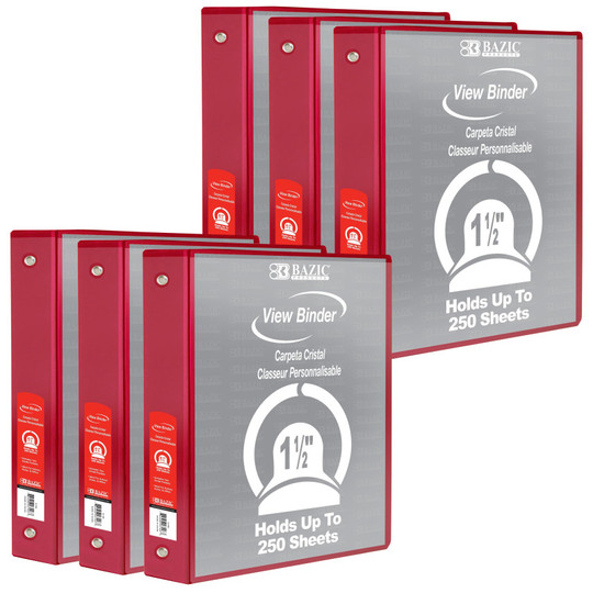 3-Ring View Binder with 2 Pockets, .5'', Red, Pack of 6