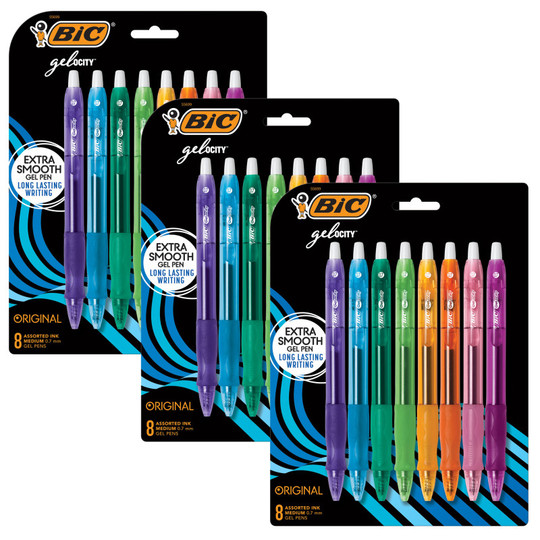 Gelocity Original Long Lasting Fashion Gel Pens, Medium Point (.7mm) Assorted Ink, 8 Per Pack, 3 Packs