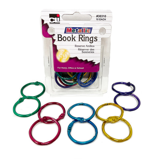 Loose Leaf Rings, 1'' Diameter, Metallic Assorted Colors, Pack of 10