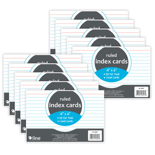 Index Cards, 4'' x 6'', White, Ruled, 50 Per Pack, 10 Packs