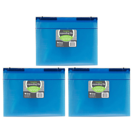 Expanding File Folder, 13-Pocket, Hanging Tabs, Bright Blue, Pack of 3