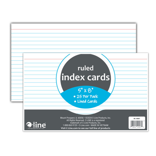 Index Cards, 5'' x 8'', White, Ruled, Pack of 25