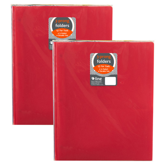 Two-Pocket Heavyweight Poly Portfolio Folder with Prongs, Assorted Primary Colors, 10 Per Pack, 2 Packs