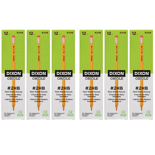 Oriole Wood-Cased Pencils, #2 HB Soft, Pre-Sharpened, Yellow, 12 Per Pack, 6 Packs
