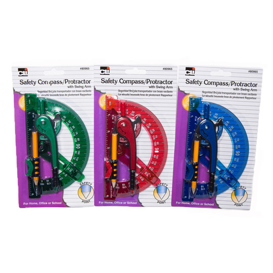 Compass Safety and 6'' Swing Arm Protractor, Assorted Colors, Pack of 12