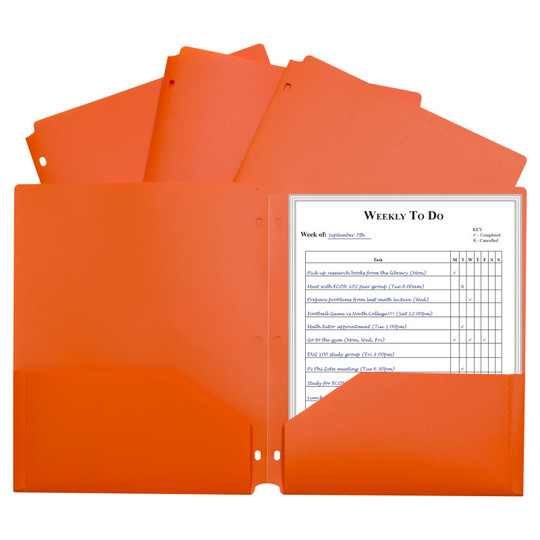 Two-Pocket Heavyweight Poly Portfolio Folder with Three-Hole Punch, Orange, Each