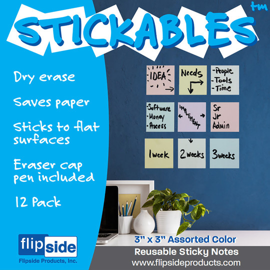 Dry Erase Stickables with Dry Erase Marker, Pastel Assorted, 3'' x 3'', Pack of 12