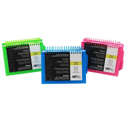 Spiral Index Cards with Poly Covers, 3'' x 5'', Assorted