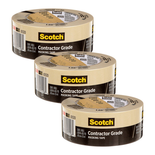 Contractor Grade Masking Tape, .88 in x 6.1 yd (48mm x 55m), Pack of 3