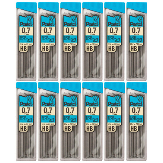 HB Super Hi-Polymer Leads, .7mm, Black, 30 Leads Per Pack, 12 Packs