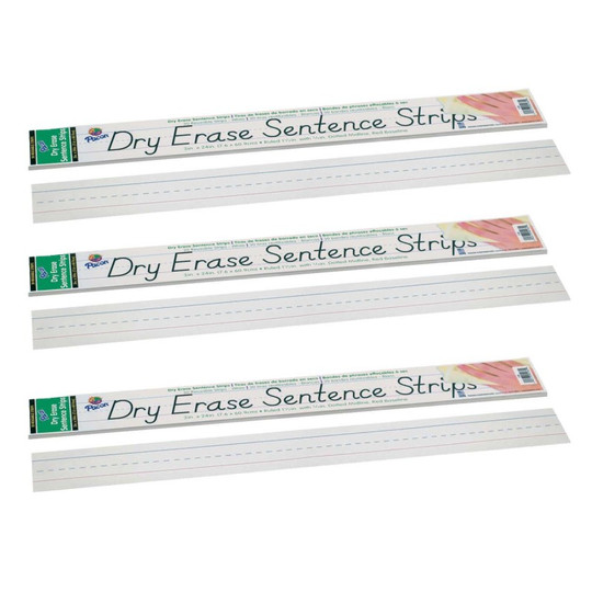 Dry Erase Sentence Strips, White, 1-1/2'' X 3/4'' Ruled, 3'' x 24'', 30 Per Pack, 3 Packs
