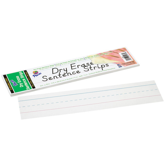 Dry Erase Sentence Strips, White, 1-1/2'' X 3/4'' Ruled, 3'' x 12'', 30 Strips