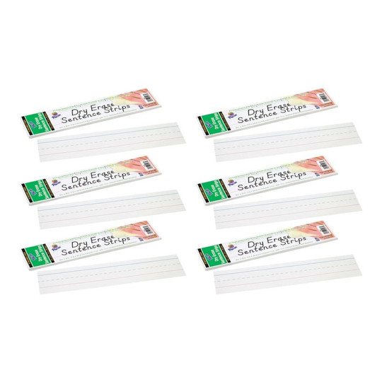 Dry Erase Sentence Strips, White, 1-1/2'' X 3/4'' Ruled, 3'' x 12'', 30 Per Pack, 6 Packs