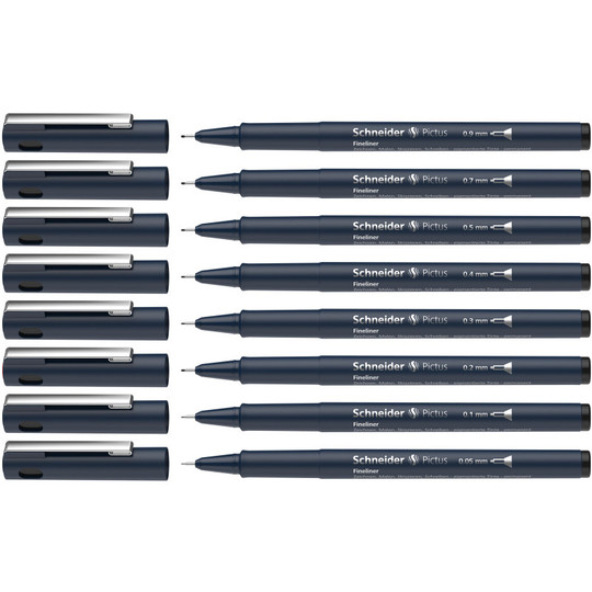 Pictus Fineliners, Wallet, 8 Pieces, Black Ink, Assorted Sizes