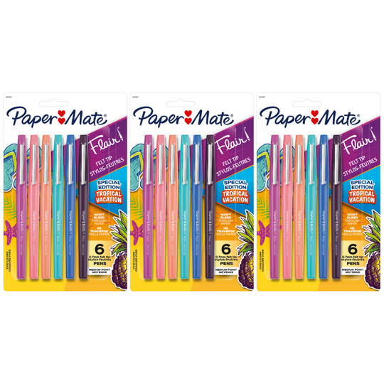 Flair Felt Tip Pens, Medium Point (.7mm), Tropical Colors, 6 Per Pack, 3 Packs