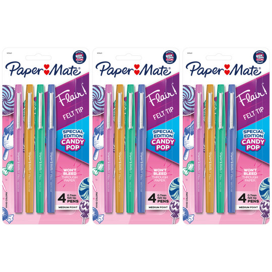 Flair Felt Tip Pens, Medium Point, Candy Pop Pack, 4 Per Pack, 3 Packs