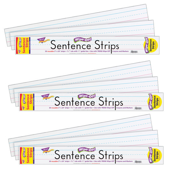Wipe-Off Sentence Strips, 3'' x 24'', White, 30 Per Pack, 3 Packs