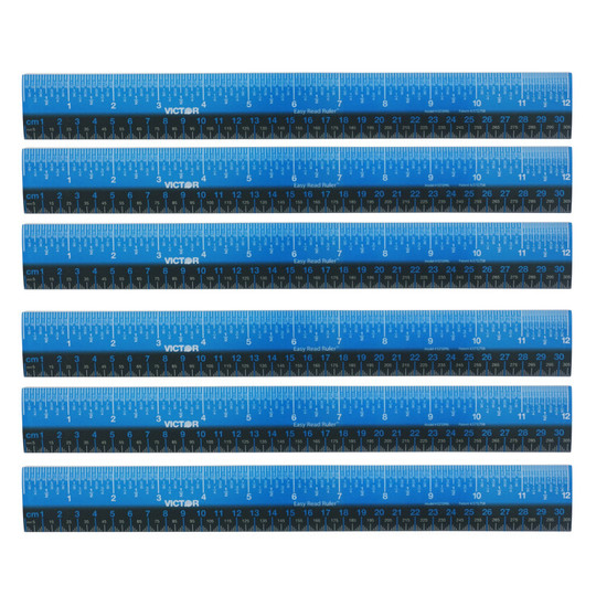 Easy Read Ruler, Plastic, Blue/Black, 12'', Pack of 6