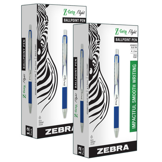 Z-Grip Flight Ballpoint Retractable Pen . 2mm, Blue, 12 Per Pack, 2 Packs