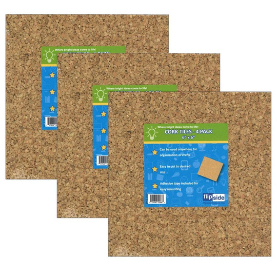 Natural Cork Tiles, 6'' x 6'', 4 Per Pack, 3 Packs
