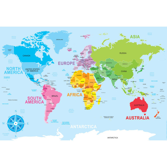 Placemat Studio Smart Poly World Map Learning Placemat, 13'' x 19'', Single Sided, Pack of 10