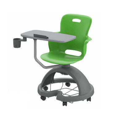 Ethos 18 Inch Storage Base Chair with Swivel Seating Shell, Right Handed Tablet, Cup Holder, and Soft Wheel Casters - Gr