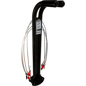 Black public bike repair work stand with attached tools
