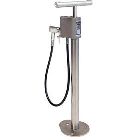 Silver floor-mount public bike pump with pressure gauge and hose