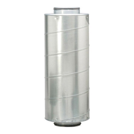 Silver circular duct silencer for 8-inch spiral duct connections