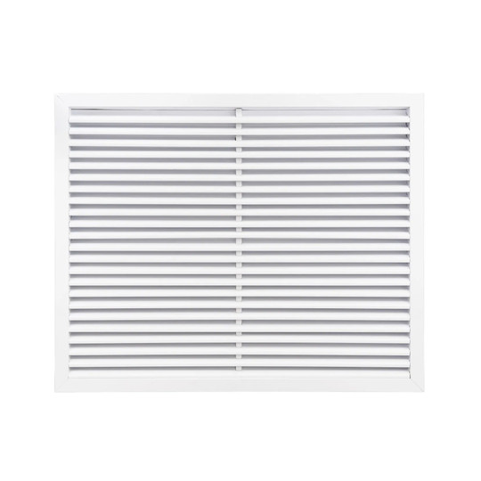 White aluminum louvered exterior return air grille with rear screen mesh