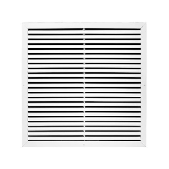 White aluminum return air grille with fixed curved blades for an 18 x 18 inch duct opening