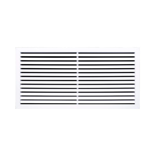 White aluminum return air grille with fixed curved blades for a 30 x 14 inch duct opening