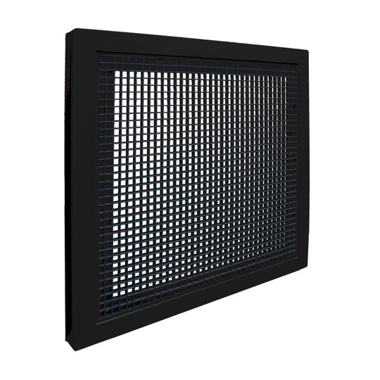 Black plastic return filter grille with eggcrate face for a 20 inch square duct