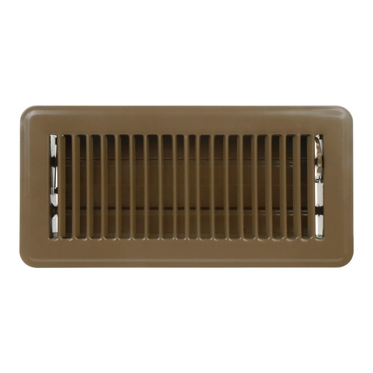 Brown steel floor register with angled face bars and parallel airflow valves