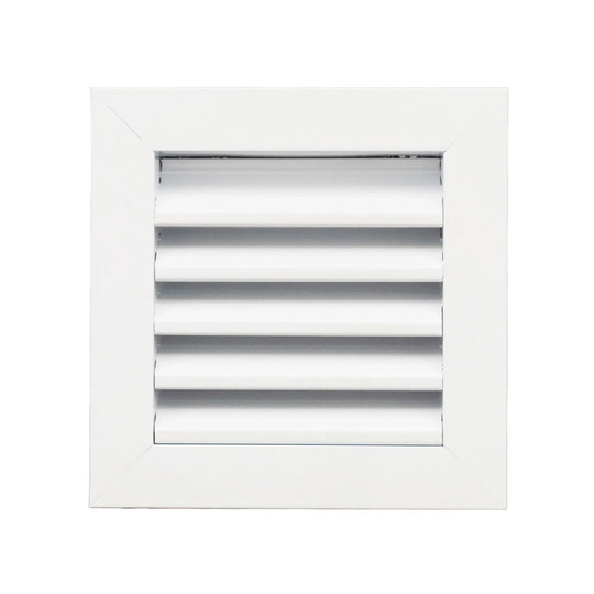 White aluminum louvered exterior return air grille for a 6 x 6 duct opening