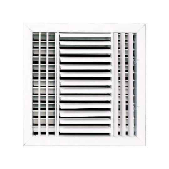 White three-way adjustable aluminum ceiling diffuser for a 14 x 14 inch duct opening