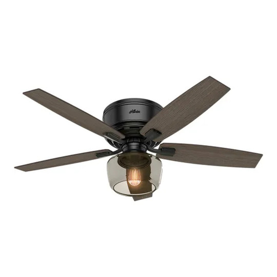 Matte black 52-inch ceiling fan with smoked glass light globe and handheld remote