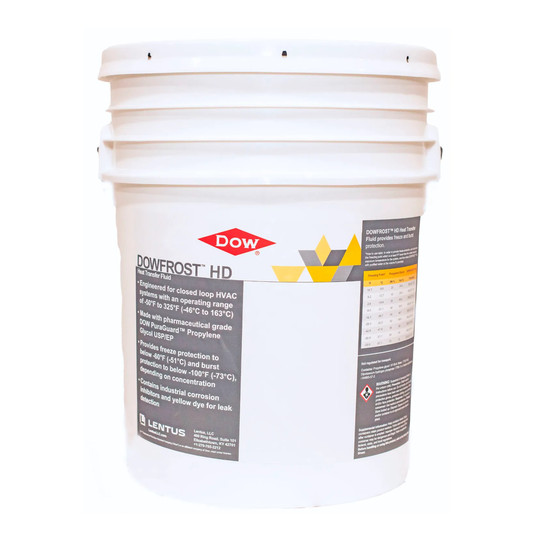 Yellow 5-gallon pail of high-density propylene glycol heat transfer fluid