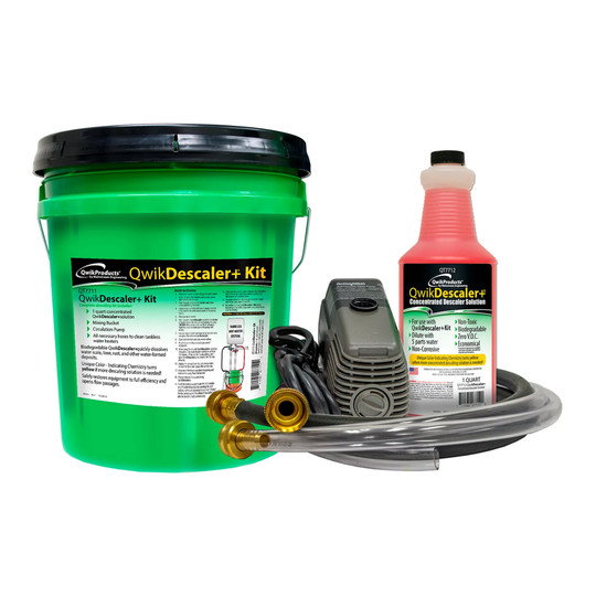 Tankless water heater descaler kit with circulation pump, mixing container, hoses, and concentrated descaler solution