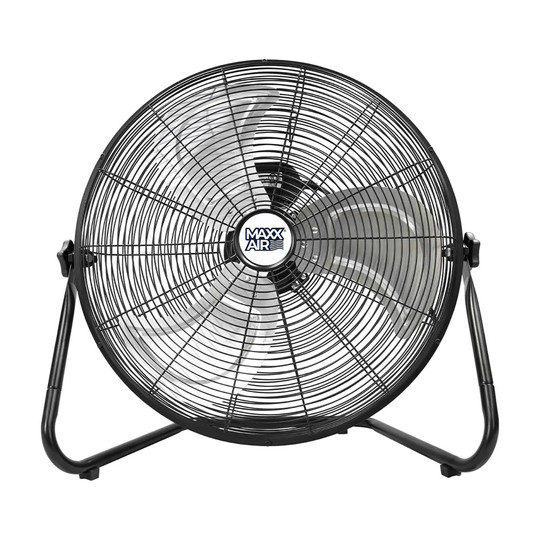 Black 20-inch high-velocity portable floor fan with metal grille and floor stand