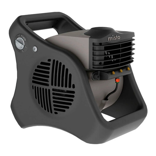 Black outdoor 3-speed misting fan with garden hose connection