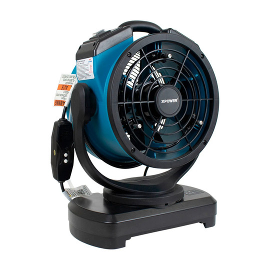 Blue portable 11-inch oscillating outdoor misting fan with built-in water pump and hose