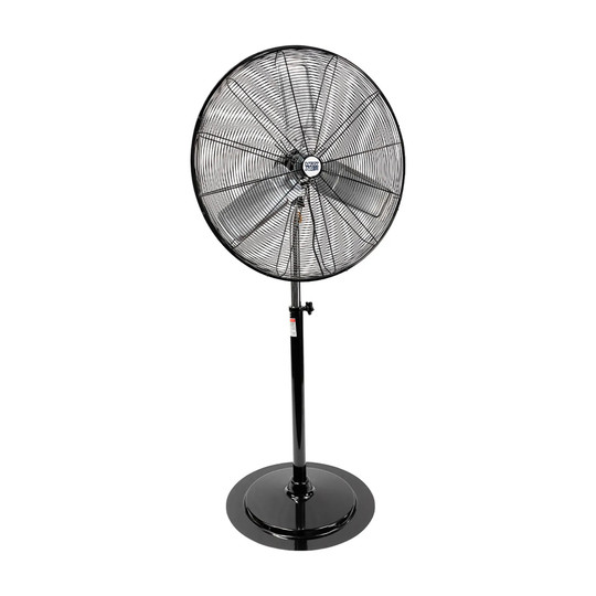 Black 30-inch adjustable-height pedestal fan with tilting head and wide base